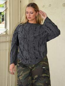 Arliah 女士圆领长袖休闲 T 恤，做旧设计，宽松舒适 - 深灰色 - 查看 1