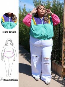 Enliva Chaqueta ligera con bloqueo de color y cremallera para mujer de talla grande, adecuada para viajes y vacaciones - Multicolor - Ver 1