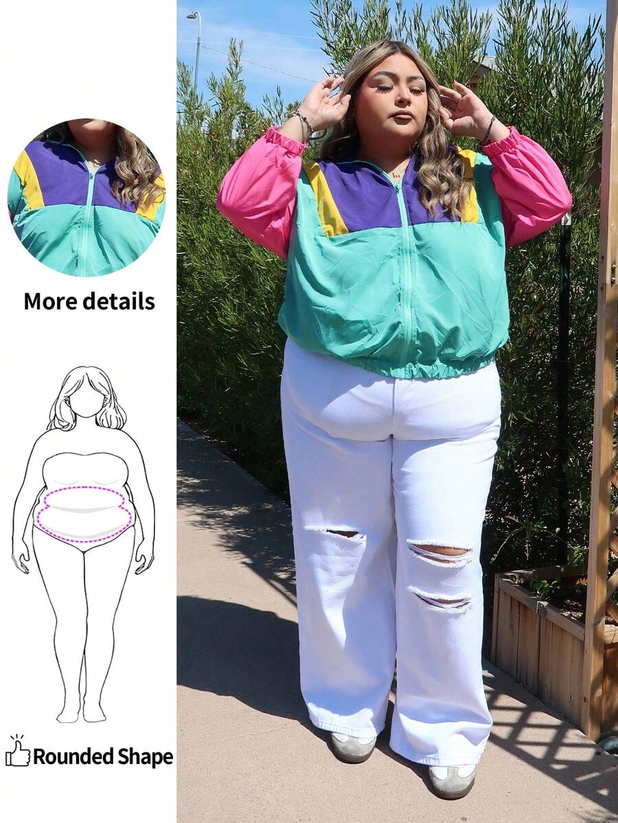 Enliva Chaqueta ligera con bloqueo de color y cremallera para mujer de talla grande, adecuada para viajes y vacaciones - Multicolor - Ver 1