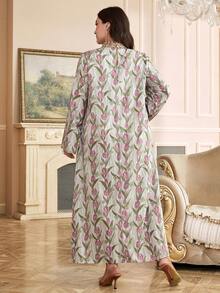 Al Najma Plus Size Women Floral Print Mesh Patchwork Stand Collar Long Sleeve Arabic Style Dress - Multicolor - View 2