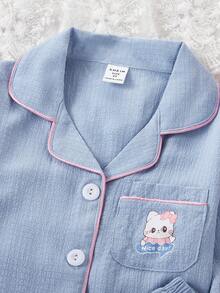 2pcs/Set Girls Casual Cute Coral Pink Cherry Embroidered Long Pants And Long Sleeve Loose Comfortable Pajamas - Blue - View 7