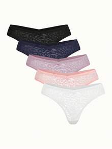 Bonmuse 5 piezas Bragas bikini de encaje sexy para mujer, ropa interior transpirable cómoda de cintura V en múltiples colores - Multicolor - Ver 1