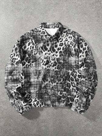Camisa de manga larga con botones con estampado de cuadros y leopardo para hombre