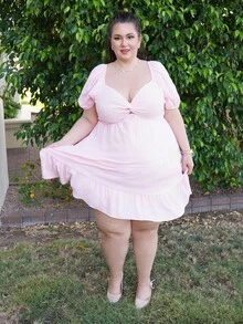 Truni Sometimesglam Plus Size Women's Pink Twist Front Mid-Length Vacation Babydoll Dress, Romantic Bohemian Style, For Pear Triangle Body Shape