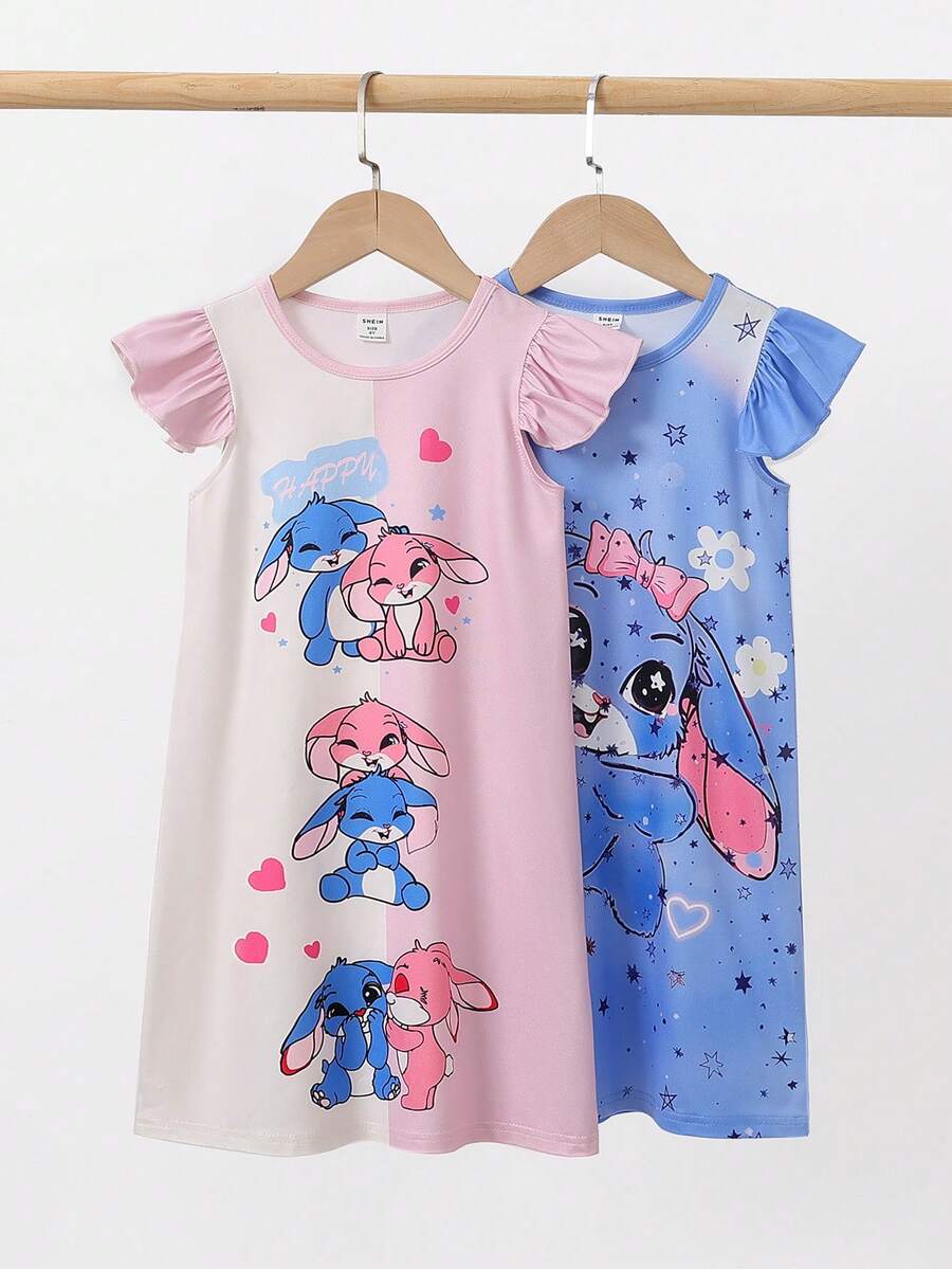 2pcs/Set Young Girls Cute Cartoon Rabbit Print Flutter Sleeve Round Neck Dress & Nightgown Loungewear Set, Elegant Casual Comfortable Daily Wear - Multicolor - View 1