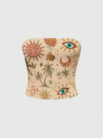 Fairycore Hippie Sonne, Mond, Stern & Palme Muster Khaki Trägerhemd für Frauen