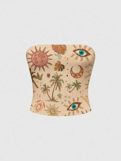 Fairycore Canotta da donna in cachi con stampa di sole, luna, stelle e palme in stile hippie