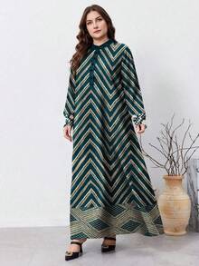SHEIN Najma 大码女式复古几何花卉印花橄榄绿春秋季时尚纽扣领长袖连衣裙 - 彩色 - 查看 3