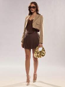 SHEIN Glamour Women's Chic Khaki Autumn Two Piece Set,Fashionable Daily Office Commute Cropped Blazer Jacket&Skirt Suit,Night Out Brown Pocket Turnover Jacket - Khaki - View 3
