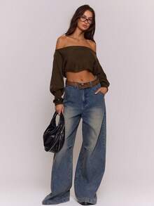 MUSERA Strickoberteil mit Ballonärmeln, Bardot-Ausschnitt, elegant für Frühlingsurlaubsoutfit, süß und sexy 90er Jahre Sommer, Y2K Tops für Ibiza-Urlaub, Festival, Winter, Alltag und elegante Abende - Armeegrün - Übersicht 5