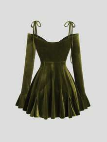 Sweetra Autumn/Winter New Sexy Off Shoulder Spaghetti Strap Fitted Flare Sleeve Burgundy Velvet Holiday Party Dress - Dark Green - View 2