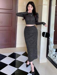 DAZY Bộ đồ 2 món thanh lịch dành cho nữ gồm áo thun cổ tròn và chân váy ôm sát, thích hợp cho mùa Thu/Đông. - Màu xám đen - Xem 6