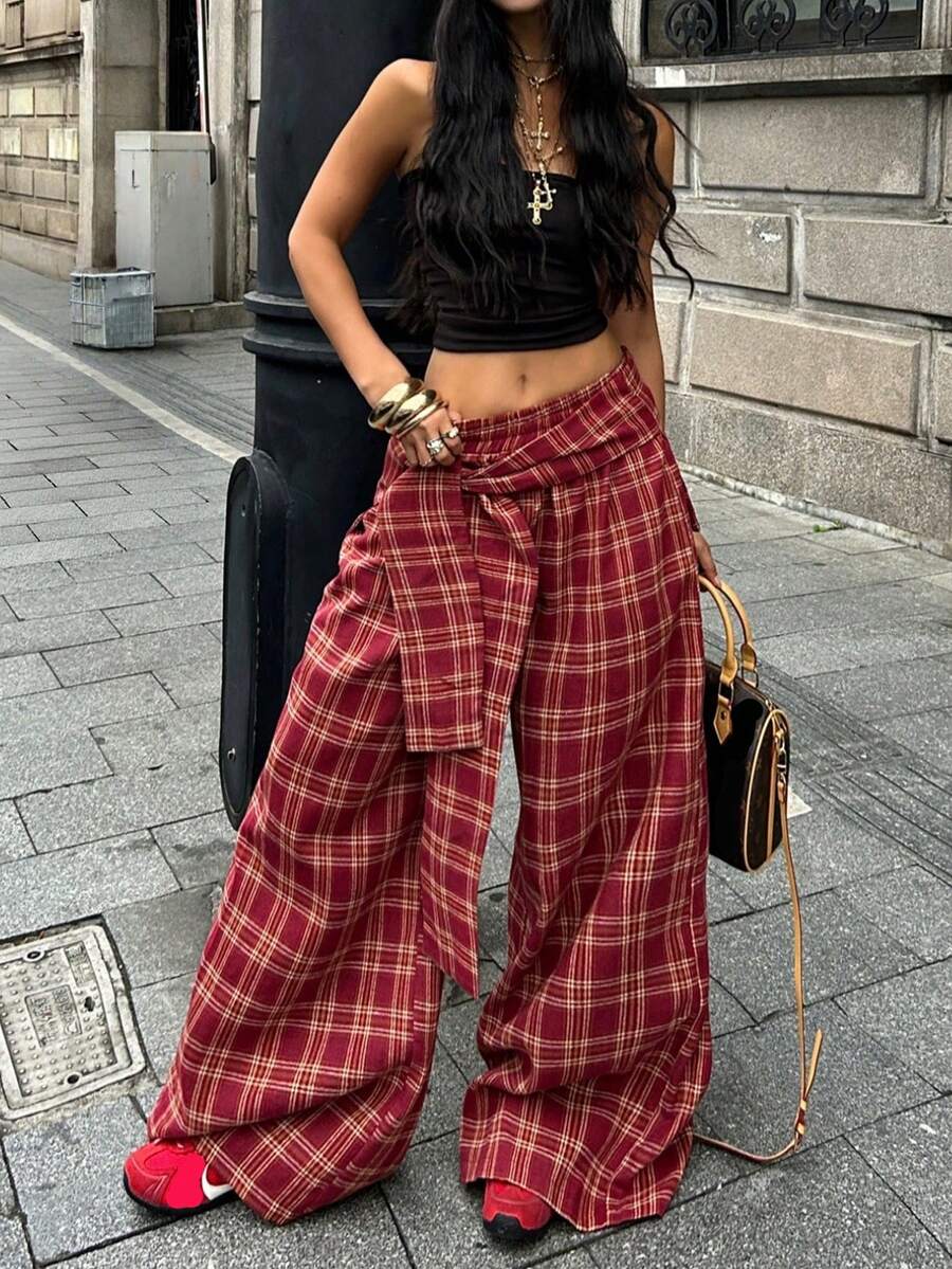 Coolane Quần ống rộng dáng rộng dệt kẻ caro cho nữ - Đỏ - Xem 1