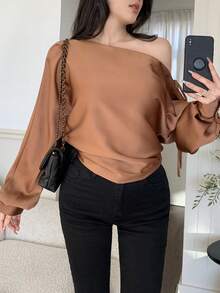 Feyla Blusa holgada de manga farol con cuello asimétrico de unicolor minimalista para vacaciones, para mujer, primavera/otoño - Marrón - Ver 1