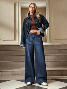 Selenza 女士时尚休闲街头风阔腿牛仔裤 - 深色水洗藍 - 查看 7