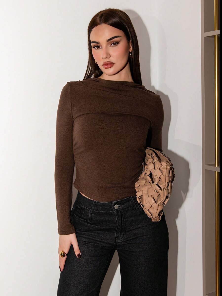 Bris Aura F21 女士纯色简约优雅日常穿着长袖修身 T 恤 - 棕色 - 查看 1