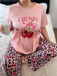 SweetSlumber Plus Size Women Cherry Leopard Print Casual Pajama Set - Multicolor - View 5