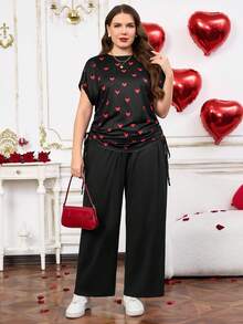 EMERY ROSE Plus Size Women's Heart Print Drawstring Blouse And Wide Leg Pants 2 Pieces Set,Black And Red Summer Casual Everyday Commuter Vacation Elegant Outfit - Multicolor - View 6