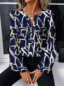 EMERY ROSE Women's Casual Everyday/Vacation Loose Fit Notch Collar Lantern Sleeve Allover Print Blouse, Spring/Autumn Spring - Navy Blue - View 3