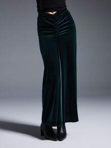 MYSTAURA Women's Elegant Low Waist Velvet Ruched Bodycon Skirt - Green - View 8