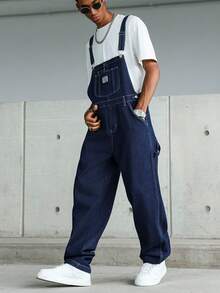 Manfinity Roghcode Men's Street Wear Multi-Pocket Chest Protector Blue Versatile Denim Overalls