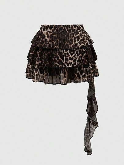 Grunge Punk Plus Size Women Asymmetrical Layered Leopard Print Elastic Mesh Skirt, Sexy Punk Music Festival Party Outfit