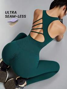 Innovista Women's Teal Green Summer Athleisure Gym Seamless Workout Jumpsuit With Built-In Bra,Geometric Racing Stripe Yoga Romper,Tummy Control Exercise Suit - Dark Green - View 4