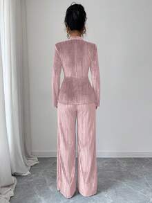 Elenzga 新款优雅V领扭腰长袖上衣和喇叭裤套装 - 淺粉色 - 查看 2