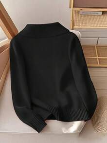 GlowEve Áo len nữ cổ bẻ cài khuy kim loại bên hông thời trang đa năng - màu đen - Xem 2