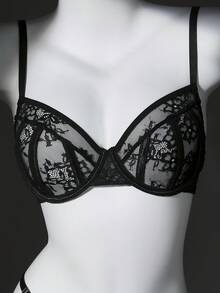 Set de 2 piezas de lencería con sujetador con aros de encaje y contraste de malla y pantis para mujer - Negro - Ver 4