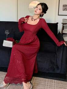 DAZY Women's Elegant Silver Lace Patchwork Mid-Length Dress, Autumn/Winter - Burgundy - View 6