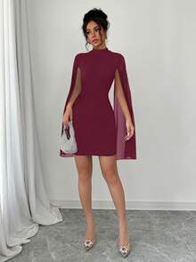 SHEIN PETITE 女士立领雪纺披肩修身迷你连衣裙 - 酒紅色 - 查看 3