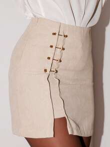 Bris Aura 纯色铆钉装饰修身半身裙 - 杏色 - 查看 4