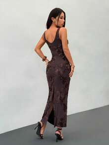 SHEIN PETITE 女士性感花卉重工刺绣露背系带派对连衣裙，简约优雅，适合派对、聚会、约会、外出等场合 - 棕色 - 查看 3