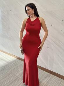 MDEdit Women Long Elegant Ruched Backless Red Dress With Spaghetti Strap,Prom Dress - Red - View 6