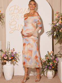 Loomaby Pregnant Women's Tie-Dye Print Off-Shoulder Fitted Elegant Long Sleeve Dress,Gender Reveal Dress,Maternity Dress, Baby Shower Dress - Multicolor - View 6