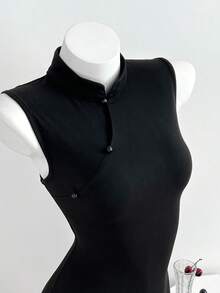 Elamini Women's Sexy And Elegant Black Sleeveless Mini Dress, Contrast Lace Open Back Cheongsam Collar, Elegant Outfit For Autumn/Winter, Versatile For Party Occasions. Suitable For Christmas Parties, New Year's Eve Parties And Valentine's Day.