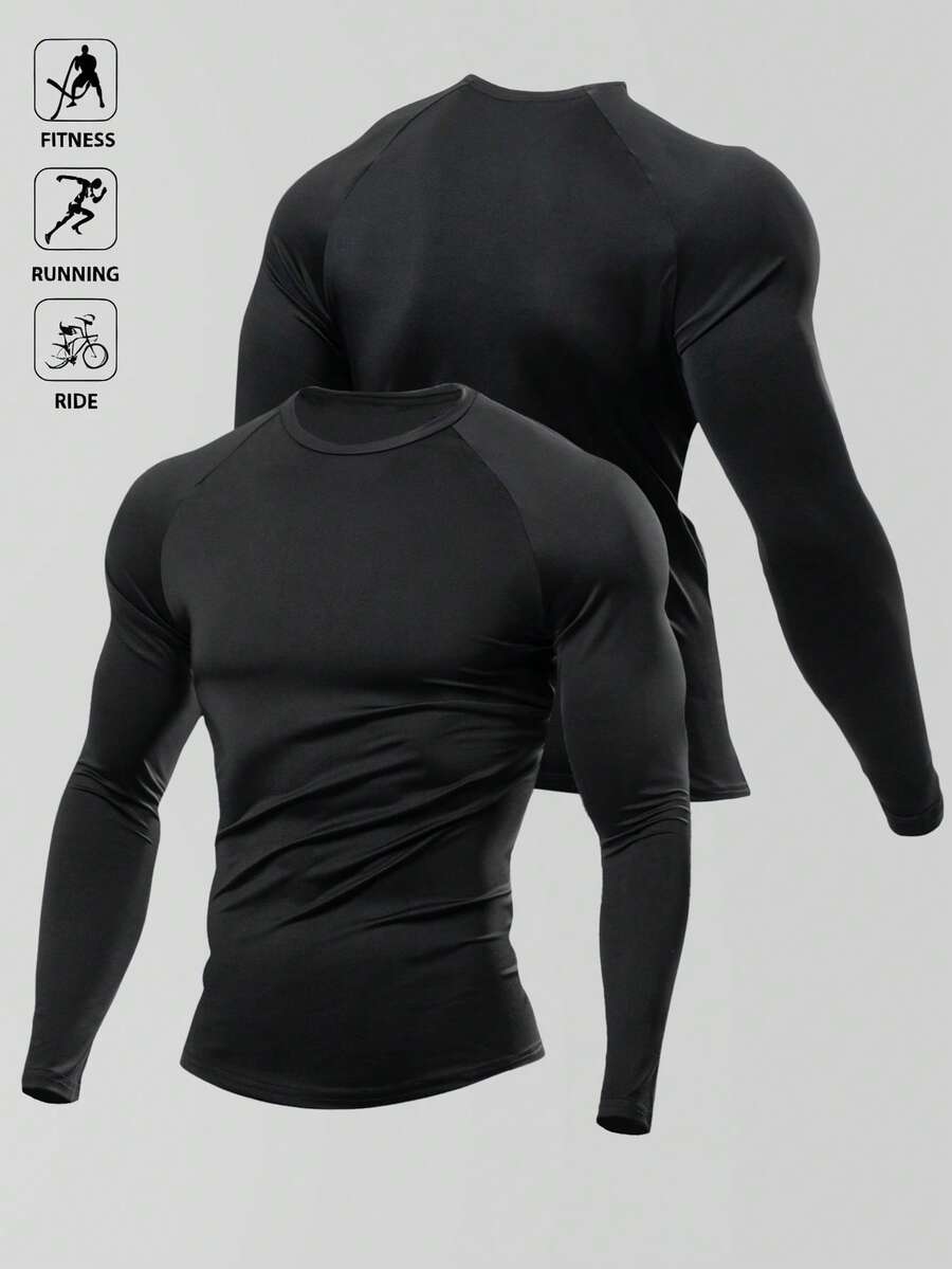 Acti Log 男士休闲纯色简约长袖T恤 - 黑色 - 查看 1