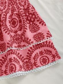 Elamini Vestido corto de línea A versátil de estilo bohemio con hombros descubiertos y fríos, cintura fruncida, bordado hueco, volante en el bajo, color azul marino - Multicolor - Ver 5