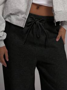 MUSERA Pocket Detail Wide Leg Sweatpants Spring VacationAirport Outfit, Casual - Black - View 5