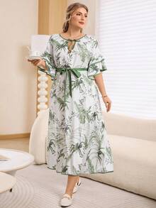 Rosumi Plus Size Women's Summer Vacation Style Floral Print Twist Keyhole Neck Ruffle Sleeve Belted Dress,Flower/Spring - Multicolor - View 7