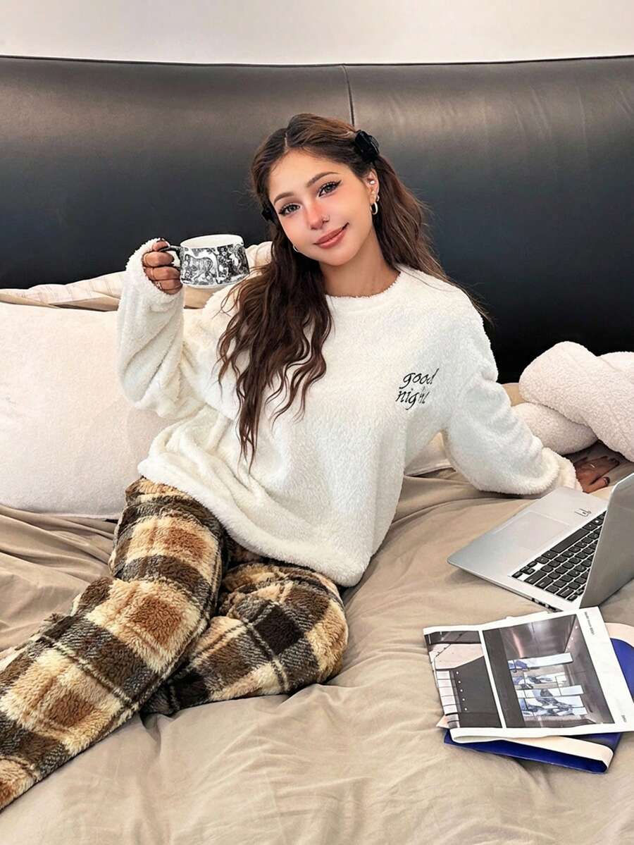 Tween Girl Loose Casual Minimalist Comfortable Round Neck Long Sleeve Fleece Top & Plaid Pants Pajama Set - Brown - View 1