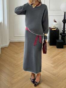 DAZY Women's Casual Colorblock Sweater And Skirt 2 Pieces Set, Autumn/Winter - Dark Grey - View 8