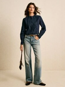 Poéselle Women's Casual Lace Patchwork Floral Embroidery Long Sleeve Shirt, Autumn Cotton - Navy Blue - View 2
