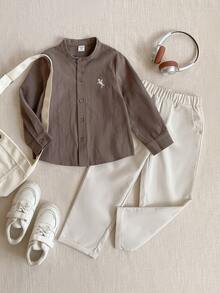 PrepCrw 2pcs/Set Boys' Collegiate Style Logo Embroidered Collar Long Sleeve Shirt And Long Pants Outfit - Multicolor - View 1