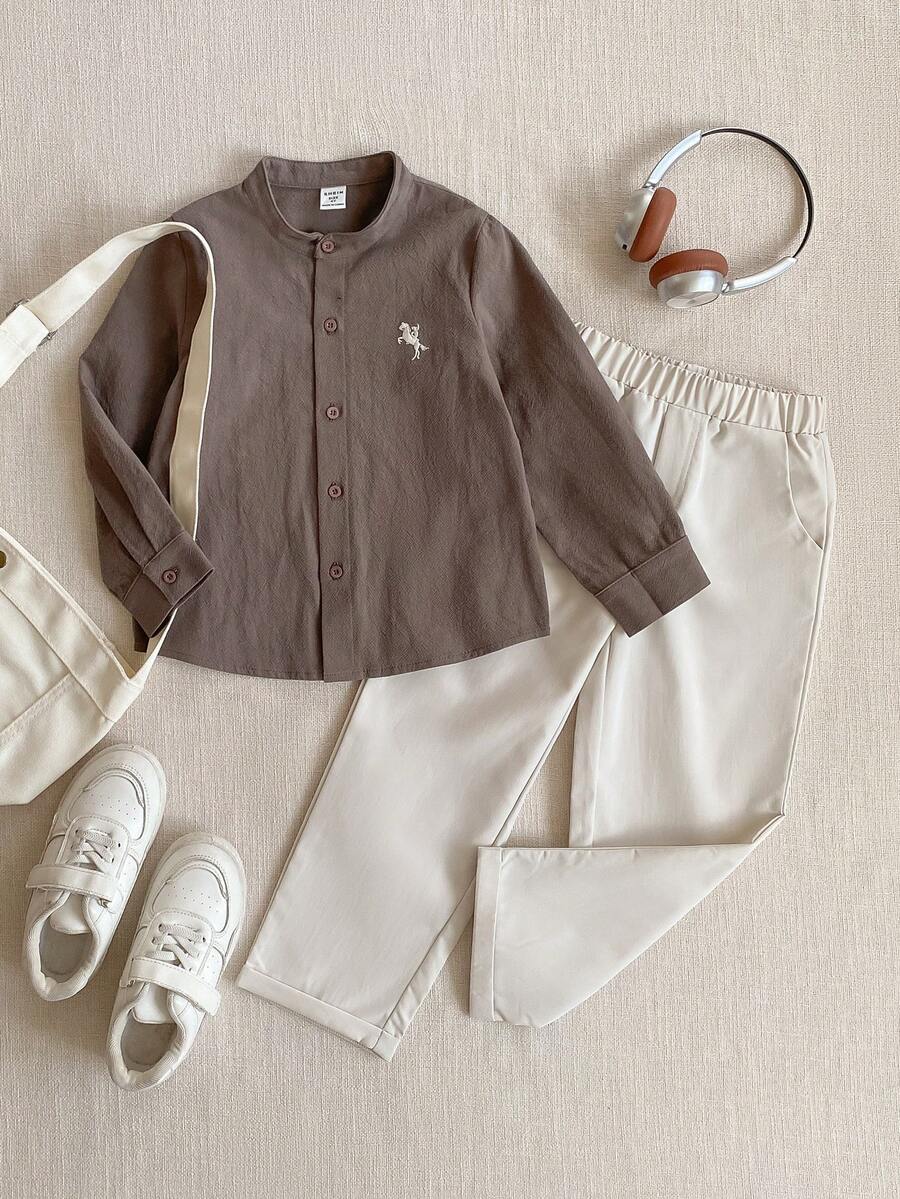 PrepCrw 2pcs/Set Boys' Collegiate Style Logo Embroidered Collar Long Sleeve Shirt And Long Pants Outfit - Multicolor - View 1