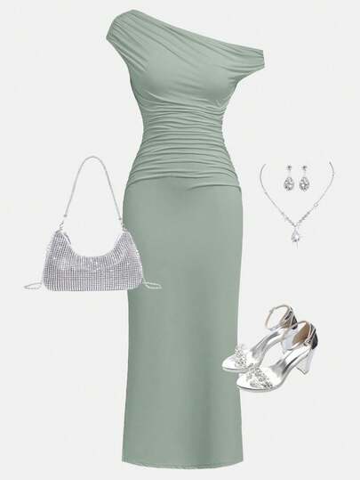 SHEIN Girlism Tonårsflickors mintgrön stickad klänning med asymmetrisk axel och rynkad midja, elegant och avslappnad passform