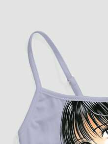 ROMWE Anime 可爱复古动漫少女图案性感吊带背心 - 藍色 - 查看 4