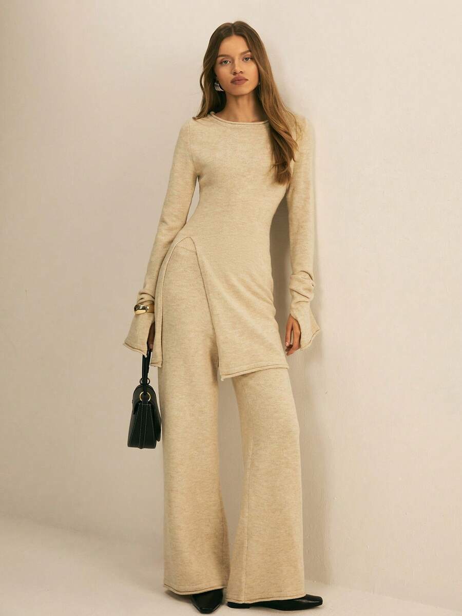 ATUI Studio 女士针织毛衣裤套装（两件套），时尚百搭，简约通勤装，日常搭配，度假风，办公室通勤装，简约女装 - 杏色 - 查看 1