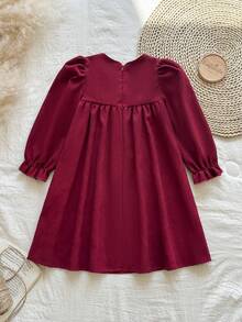 Vintaside Kids 女童花卉刺绣长袖修身连衣裙，甜美风格，适合外出、休闲穿着、生日派对、节日庆典等场合，春秋季穿着。 - 酒紅色 - 查看 2